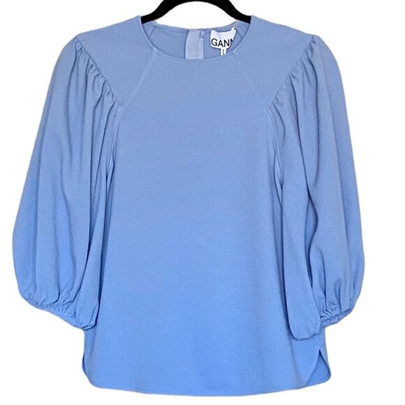 Ganni Crepe Balloon Sleeve Top in Forever Blue, Size 10 - Picture 7 of 13